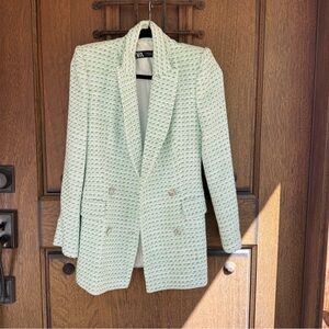 Zara Mint Green Textured Double-Breasted Blazer Coat Size XS